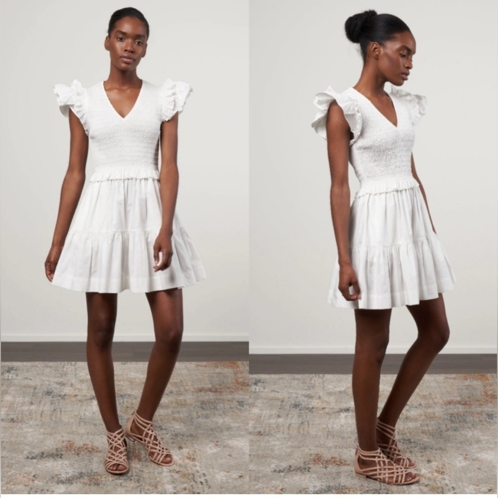 Sea NY Women's White Phoebe Flutter Sleeve Smocked Mini Dress Size 0